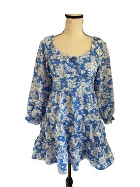Poppies and Roses Blue Floral Babydoll Mini Dress Smocked Back Puff Sleeve Sz 12
